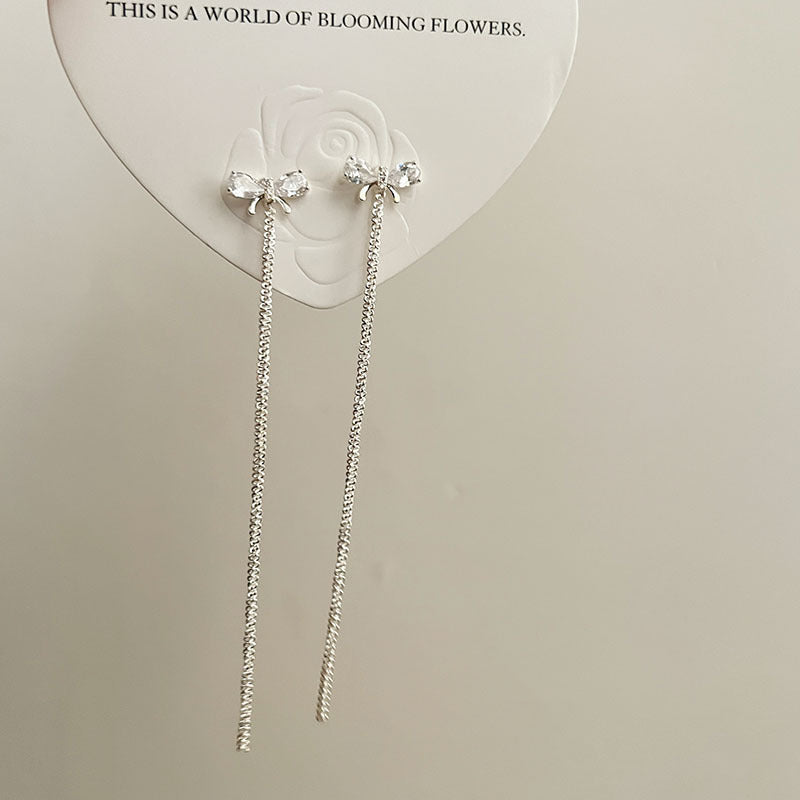 MY30337新款蝴蝶結微鑲鋯石長款流蘇耳線女氣質網紅時尚耳環耳環飾品