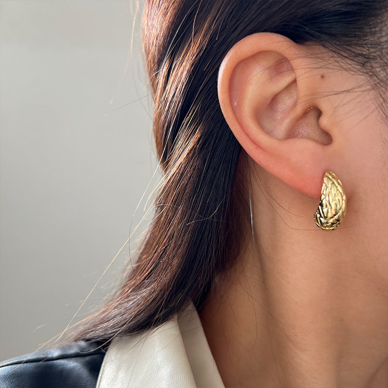 MY38851小香風金色菱格紋耳環女法式復古褶皺光面耳環氣質高級感耳飾