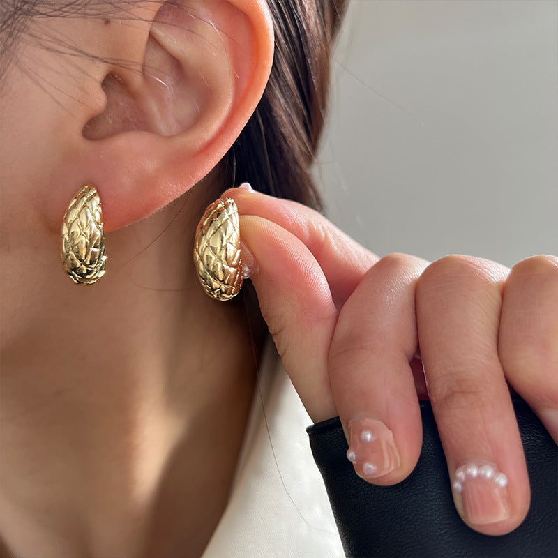 MY38851小香風金色菱格紋耳環女法式復古褶皺光面耳環氣質高級感耳飾