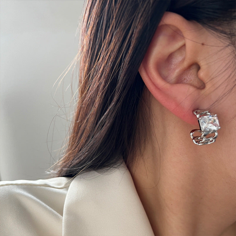 MY36050高級感輕奢C型耳環冷淡風鑲嵌鋯石銀色甜酷少女個性小眾耳飾
