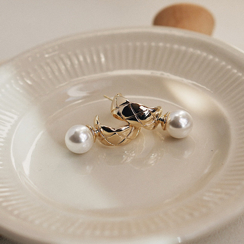 MY30388韩国简约设计几何C形珍珠耳圈925银针时尚个性耳钉网红甜美耳环女