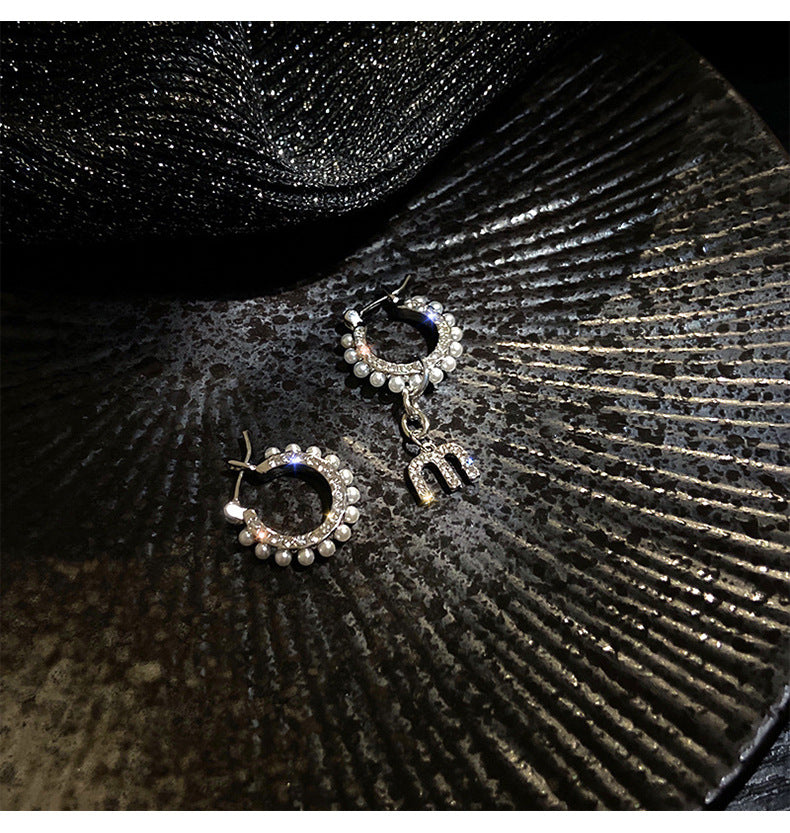 MY33536m字母滿鑽圈圈耳環女珍珠鑲鑽不對稱圓形可拆卸耳墜歐美氣質簡約