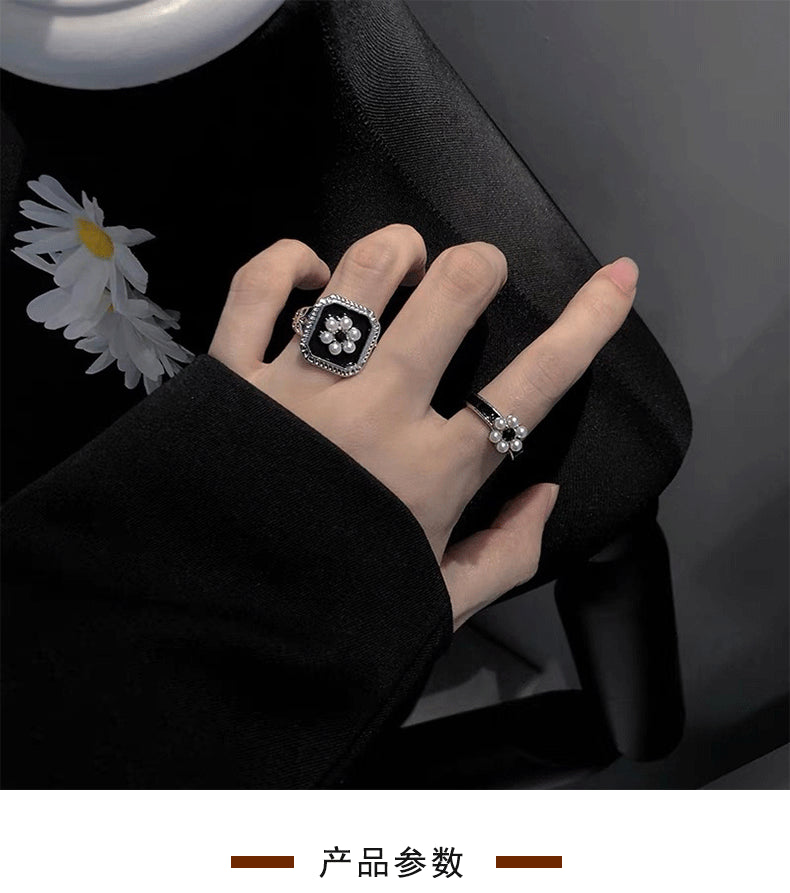 MY30206珍珠戒指女小眾設計可調節黑白花朵簡約冷淡風食指戒少女復古指環
