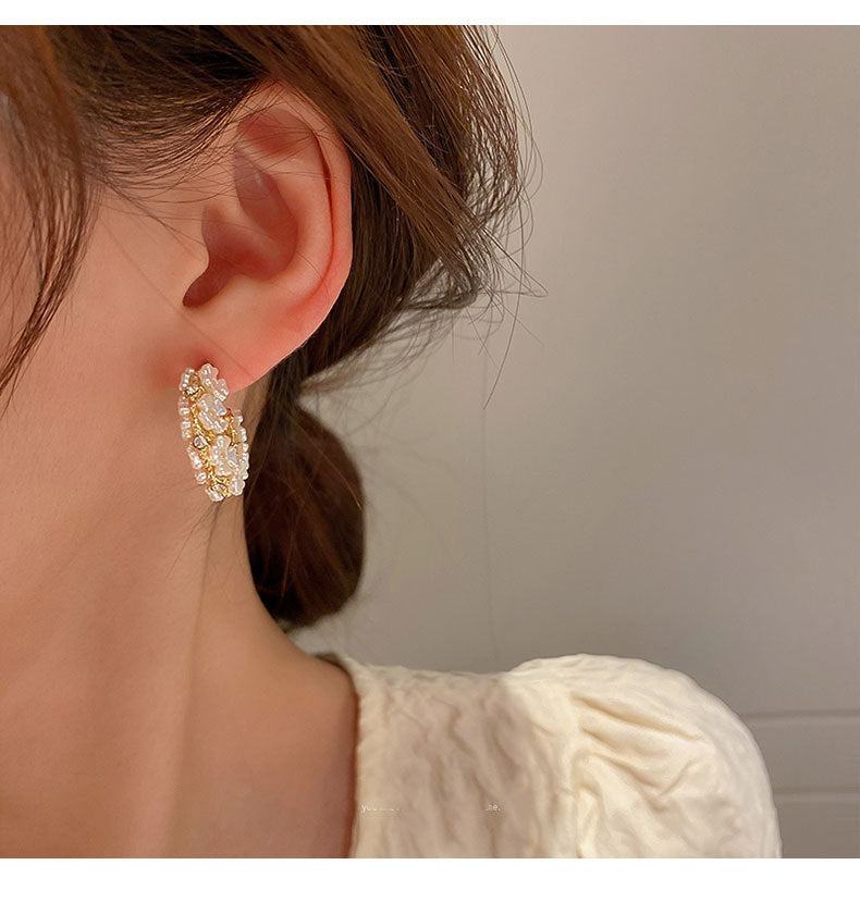 MY32829韓國珍珠花朵c形耳釘女小眾設計感耳環時尚通勤耳飾2022年新款潮