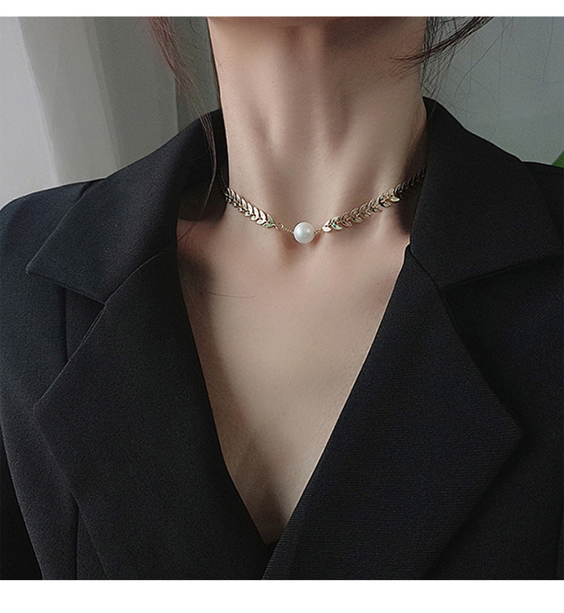 MY33353小眾設計ins風高級感葉子麥穗造型珍珠時尚輕奢頸鍊項鍊女生