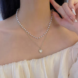 MY35599雙層珍珠愛心項鍊女夏季輕奢小眾設計感高級鎖骨鏈2022年新款潮