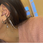MY33916暗黑甜酷風一體式耳骨夾閃鑽流蘇鏈條耳環時尚潮人個性耳釘耳飾女