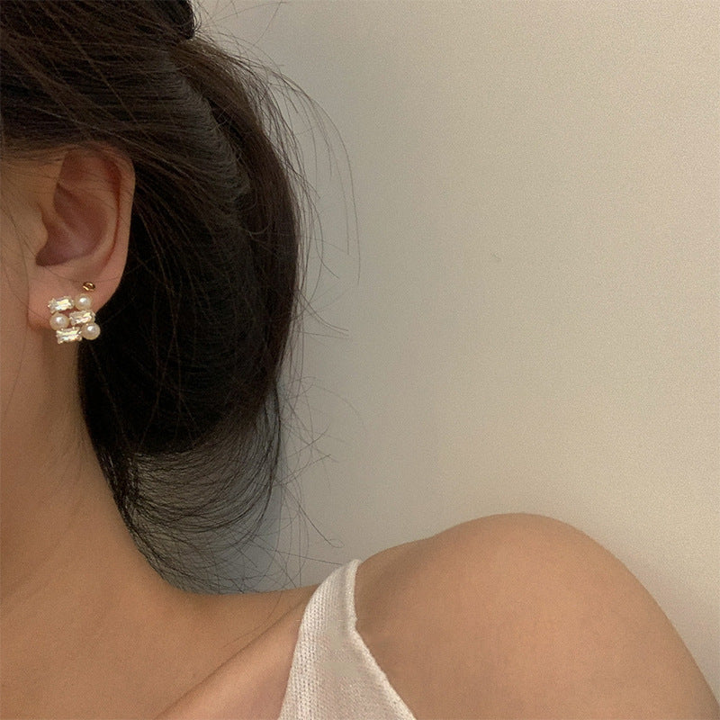 MY33603韓國ins簡約氣質方形珍珠耳釘女925銀針時尚百搭耳環耳飾
