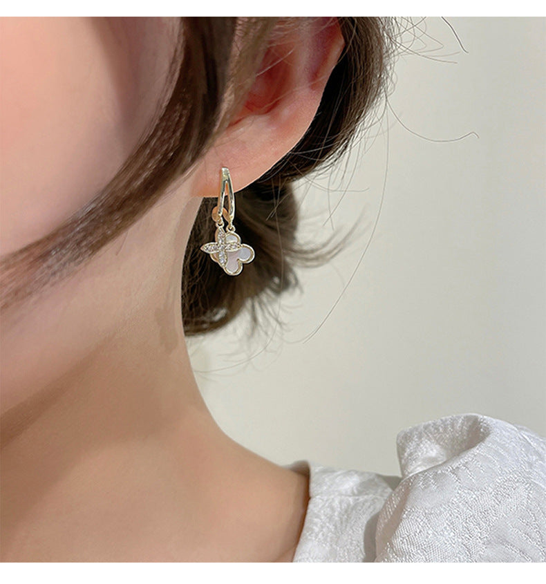 MY33795韓國新款雙層貝母四葉草耳墜ins小眾設計高級感耳環氣質銀針耳飾