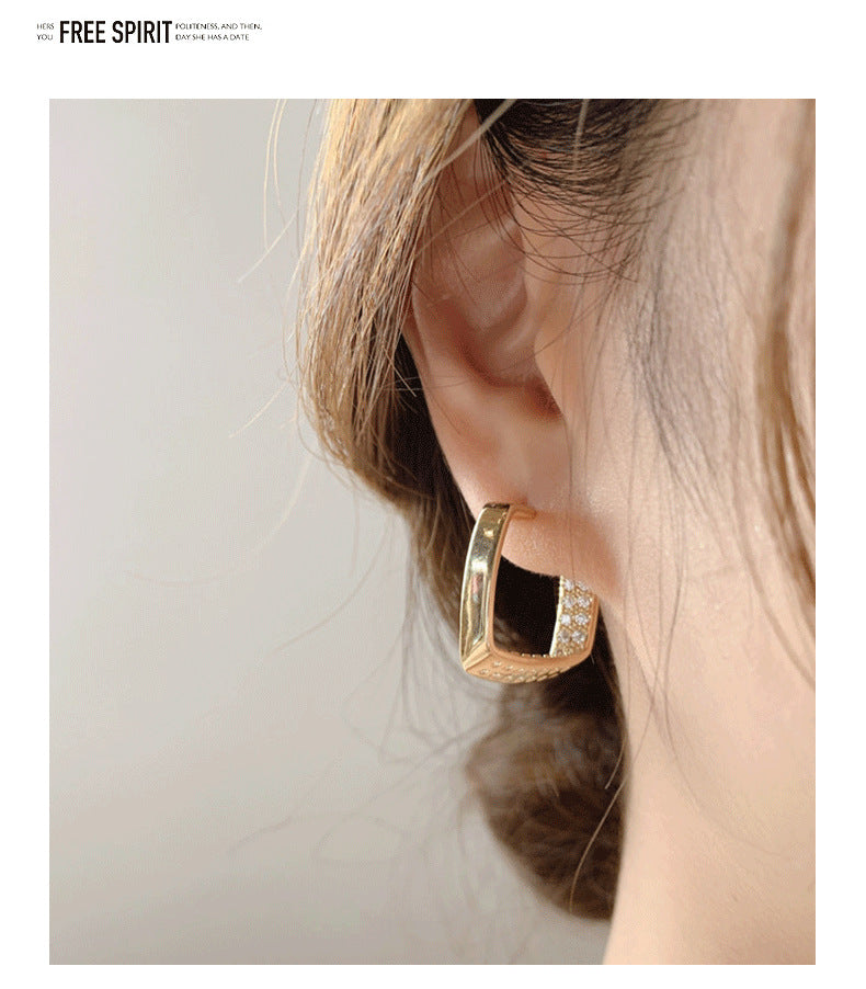 MY30092復古微鑲鋯石幾何方形耳圈幾何微鑲鋯石精緻優雅輕奢純銀耳環耳飾