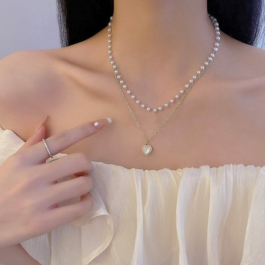 MY35599雙層珍珠愛心項鍊女夏季輕奢小眾設計感高級鎖骨鏈2022年新款潮