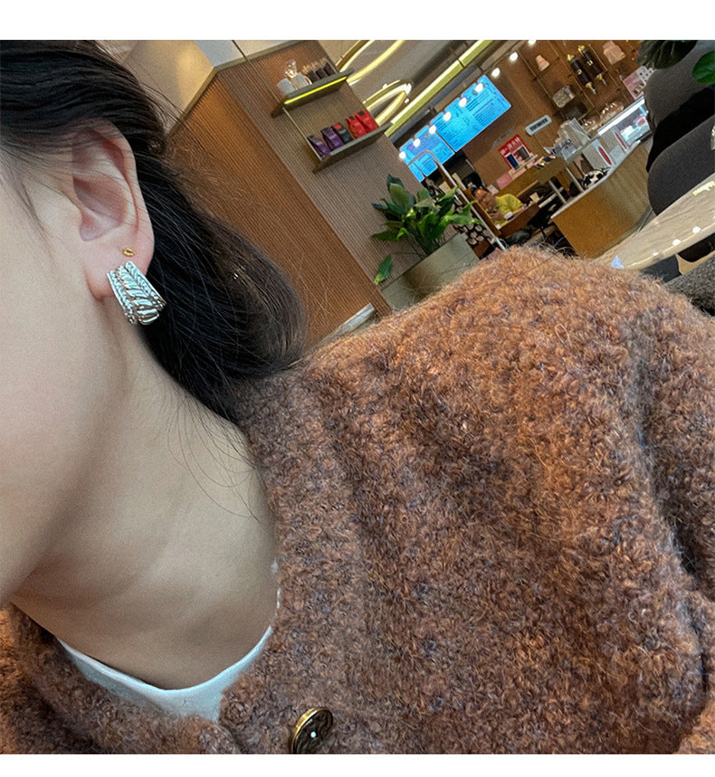 MY30789高級感金屬耳環復古百搭韓國ins耳釘女時尚耳環螺紋925銀針