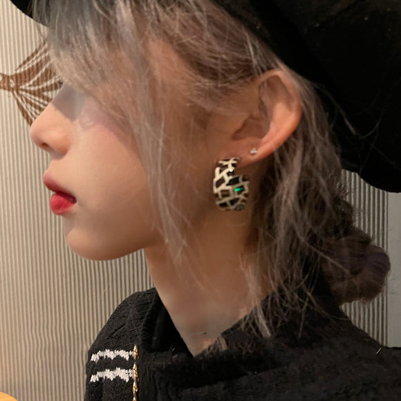 MY30605韓版樹脂耳環百搭復古豹紋氣質港風設計感潮歐美時尚半圓純銀耳飾