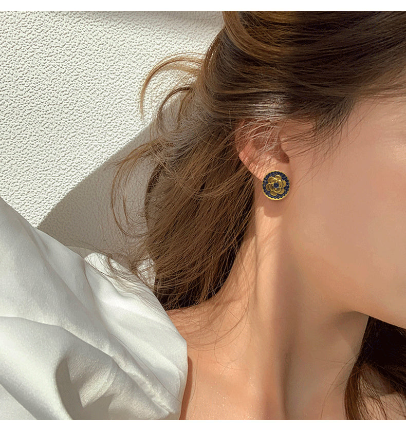 MY31008韓國復古做舊微鑲黑色鋯石耳釘S925銀針花朵造型時尚簡約耳釘
