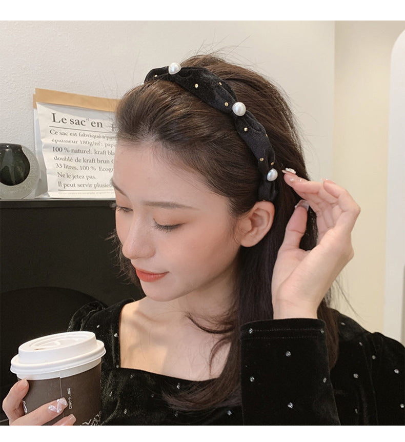 MY30631 韓國秋冬2021年新款寬邊珍珠絲絨髮箍高顱頂小眾壓發頭箍女髮飾