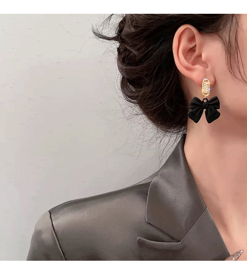 MY33128韓國黑色蝴蝶結耳環小眾設計感純銀耳釘高級氣質2021年新款潮