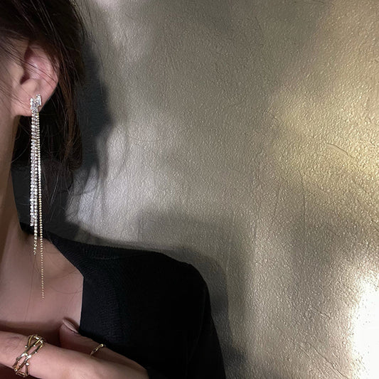 MY33129鑲鑽長流蘇耳環2021年新款潮網紅純銀耳釘韓國氣質耳飾女