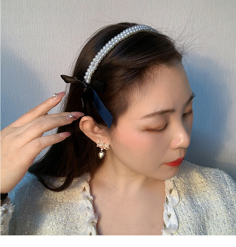 MY31736 甜美黑色蝴蝶結珍珠髮箍少女高級感復古法式氣質壓發頭箍韓國頭飾