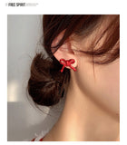 MY30714新年紅色蝴蝶結耳釘韓國氣質網紅小巧簡約百搭高級感純銀耳環耳飾