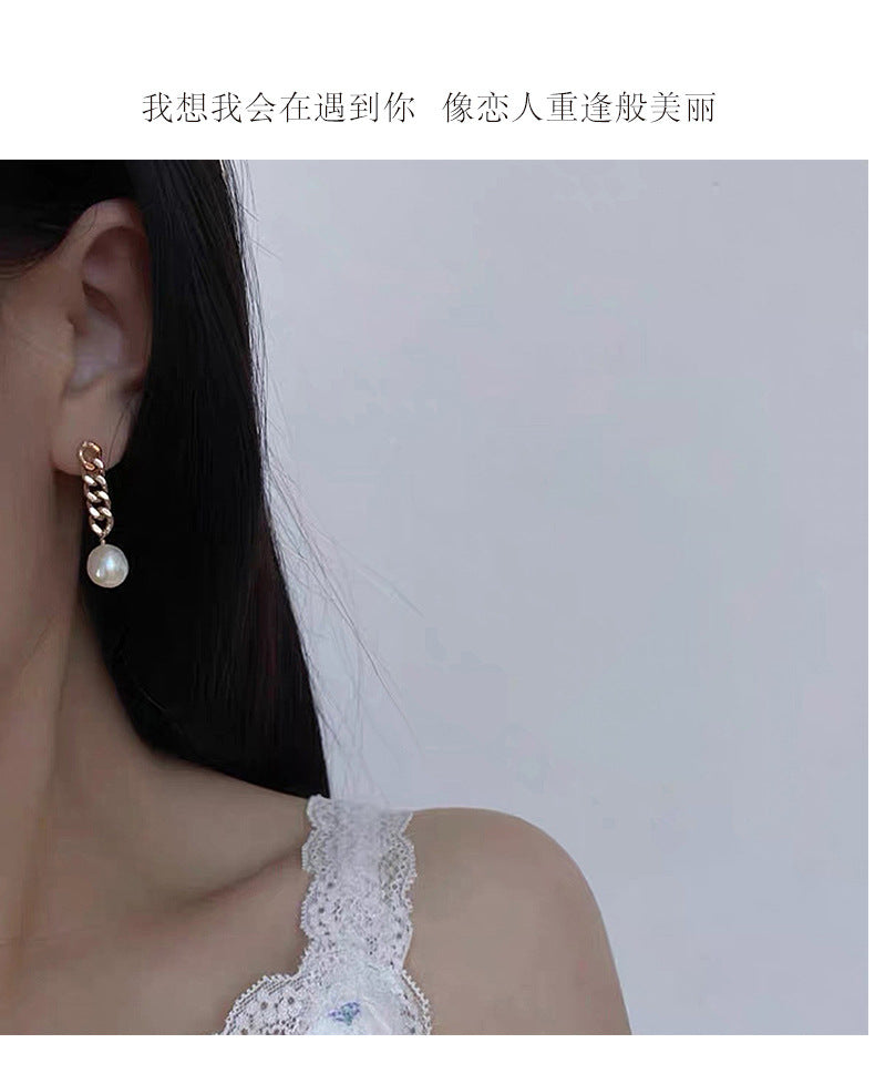 MY30683珍珠耳釘個性鏈條小眾設計感耳環氣質簡約網紅耳飾S925銀針