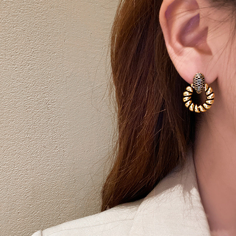 MY30123高級感復古銅色設計感耳環圈圈純銀耳釘法式優雅耳飾2020新款韓國