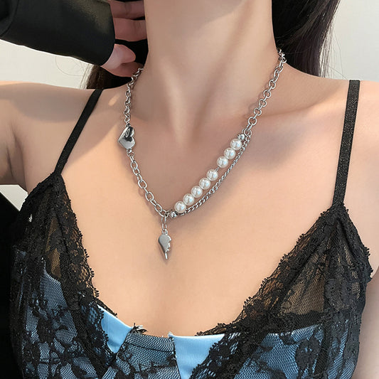 MY30681 新款珍珠拼接項鍊女鈦鋼輕奢高級小眾設計感頸鍊鎖骨鏈